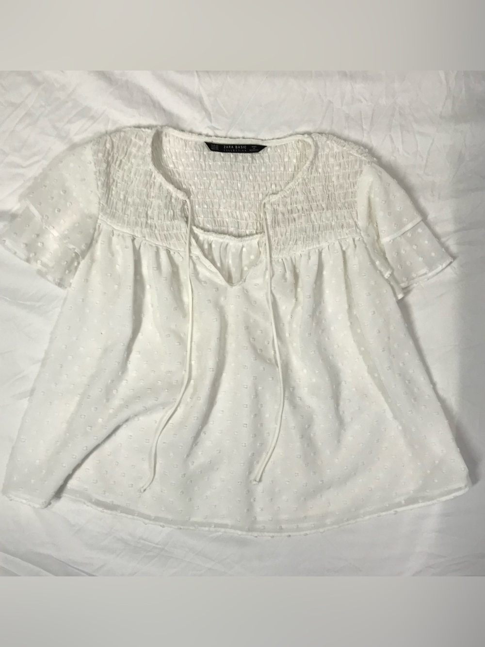 ZARA‎ White Smocked Swiss Dot Peasant Blouse Boho Top